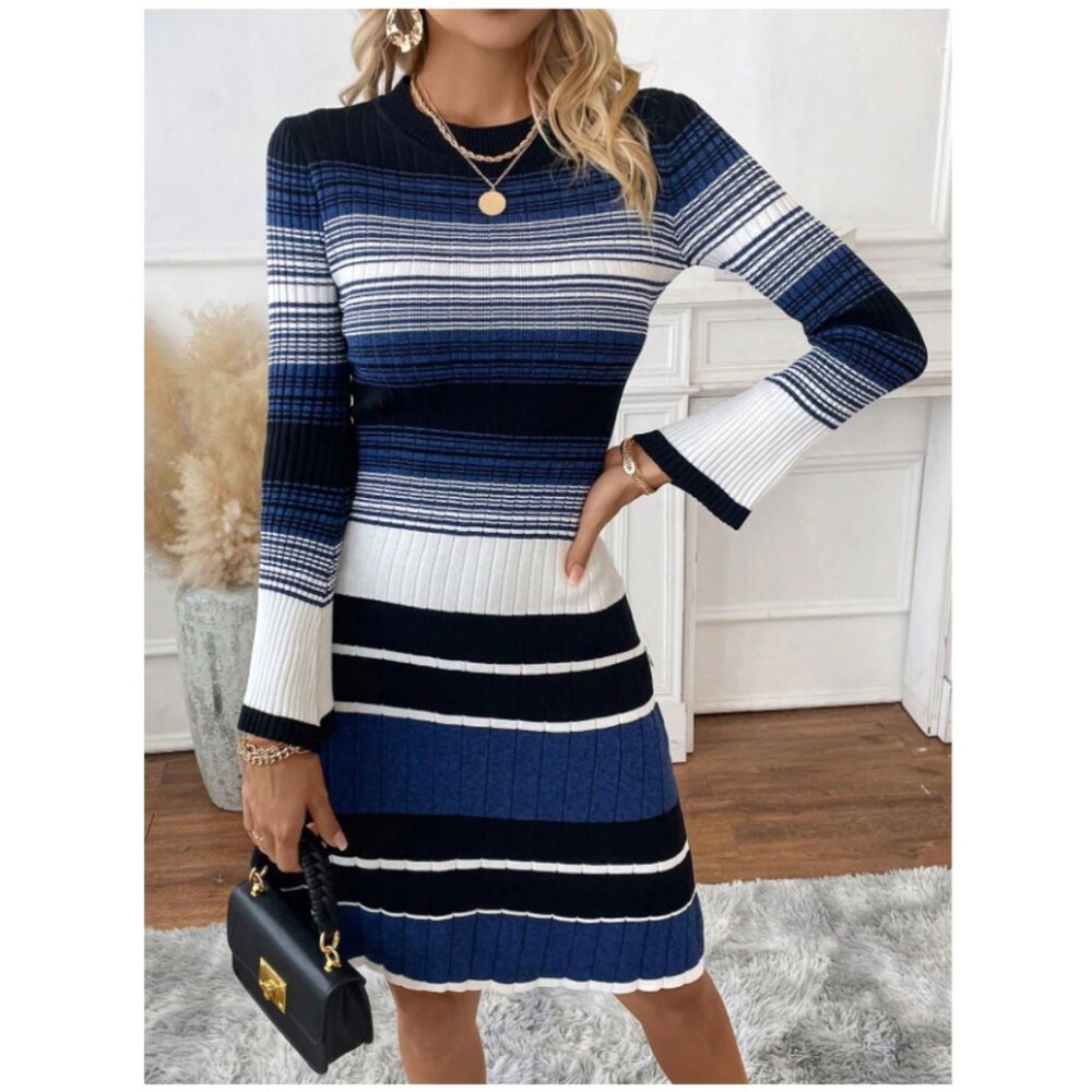 🎉SHEIN Blue & Black Striped Ribbed Knit Sweater Dress